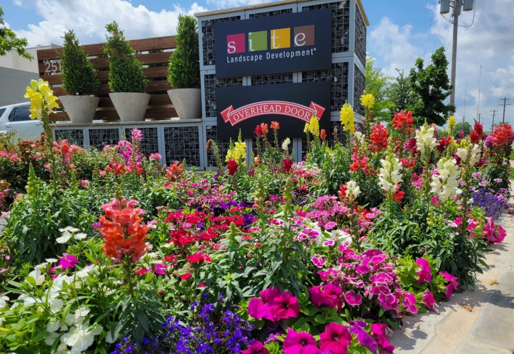 SLD office sign with newly planted colorful flowers in front of the building entrance in Lewisville, Texas.