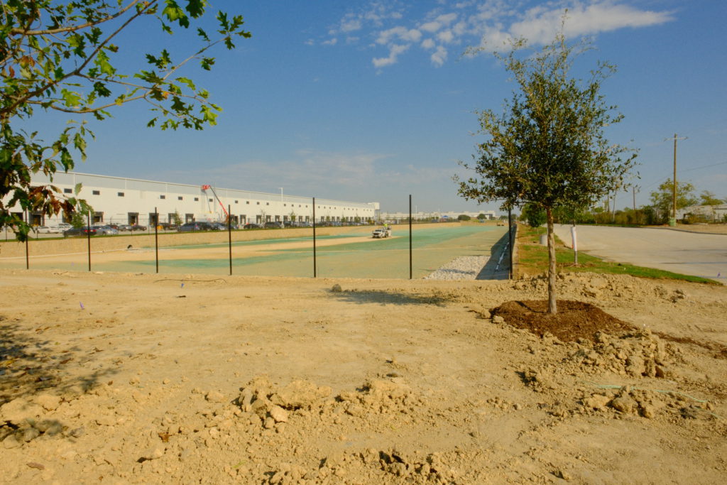 Hydromulch application and tree planting at construction site in Dallas–Fort Worth