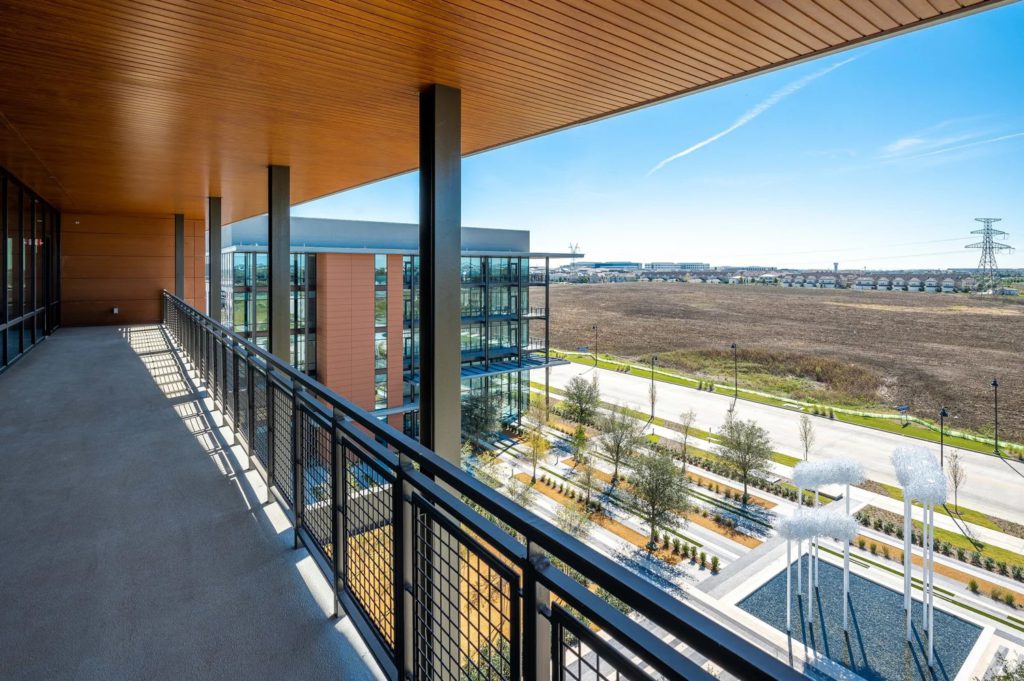 Newly installed trees across a commercial landscape project in Coppell, Texas following crane-assisted installation